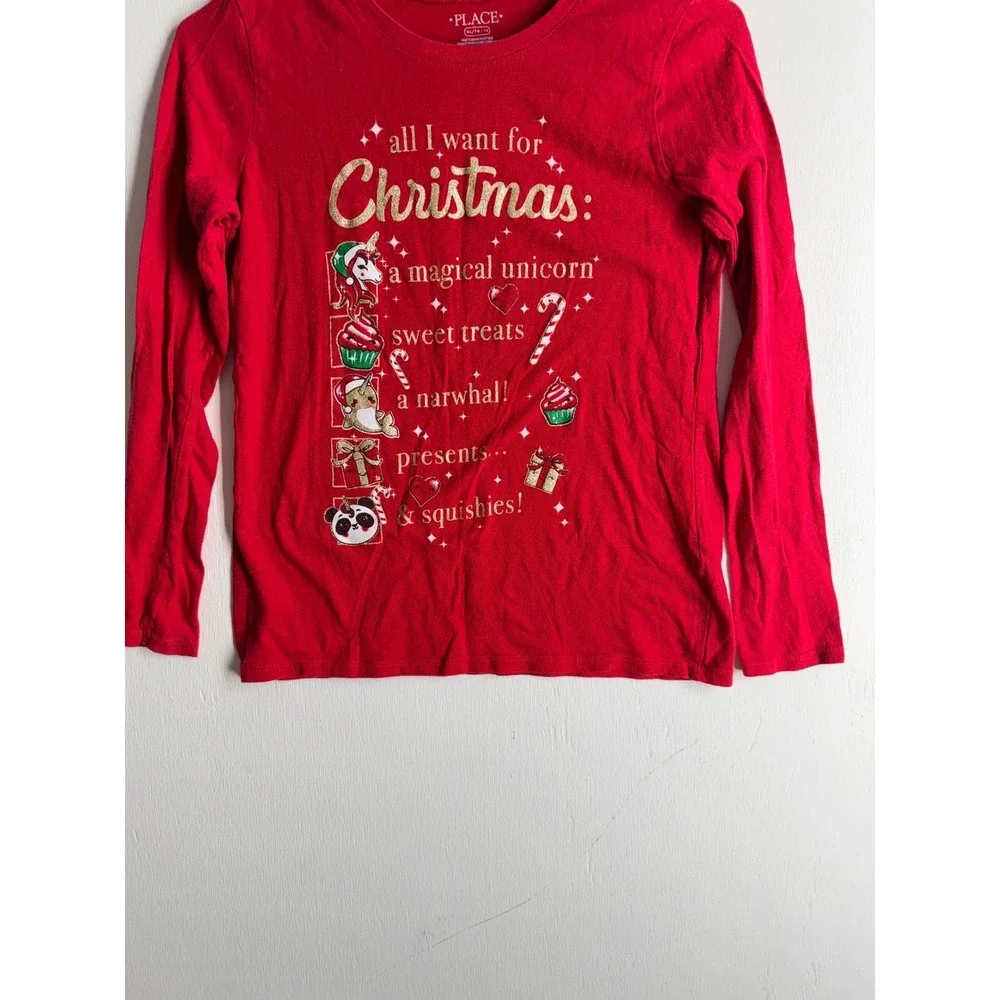 The Childrens Place Girls Red Christmas Unicorn Narwhal Graphic Tee XL 14